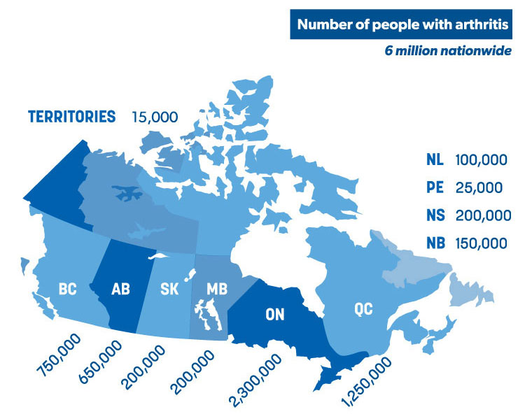 Canada Map - Number of people affected by arthritis in each province