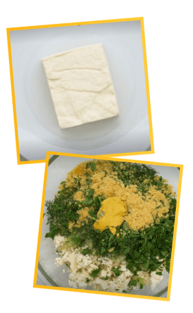 Image 1 - Steps 2 & 4 - tofu; mayonnaise, onion, celery, parsley; whole wheat bread