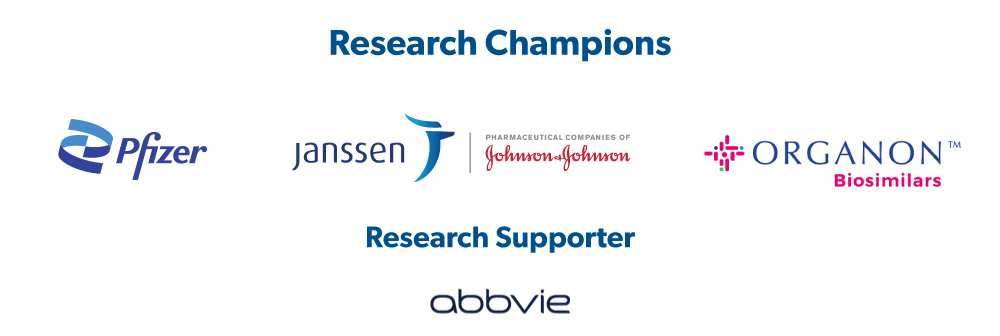 Research Champions logos: Pfizer, Janssen, Johnson & Jonhson, Organon Biosimilars; Research supporter logo: abbvie