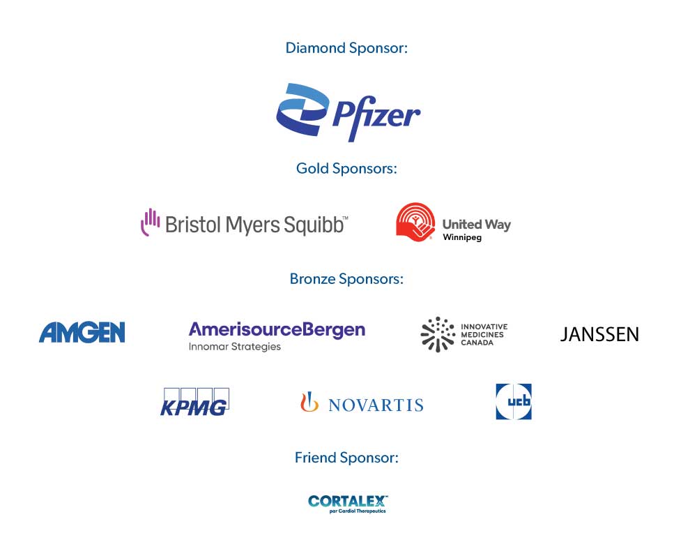Diamond sponsor: Pfizer, Gold sponsors: Bristol Myers Squibb, Novartis, United Way Winnipeg, Bronze Sponsors: Amgen, AmerisourceBergen - Innomar Strategies, Innovative Medecines Canada, Janssen, KPMG, UCB, Friend sponsor: Cortalex