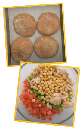 Image 1 - Step 1 - toasted bread - Image 2 - Step 2 - radishes, green onions, tomatoes, cucumber, green pepper, canned tuna or salmon, chickpeas, parsley and mint