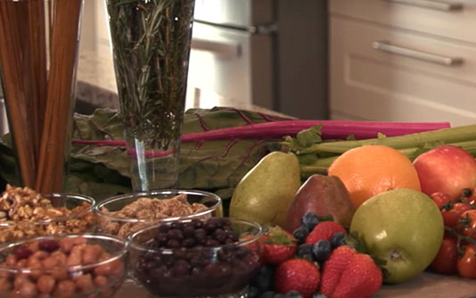 Healthy foods including fruits and vegetables