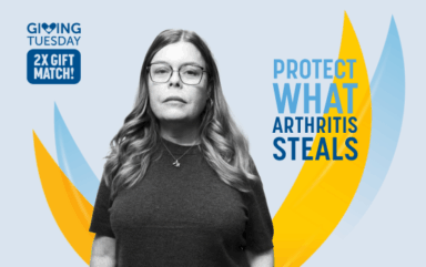 A&nbsp; photo of Pamela with our campaign slogan, "Protect what arthritis steals"